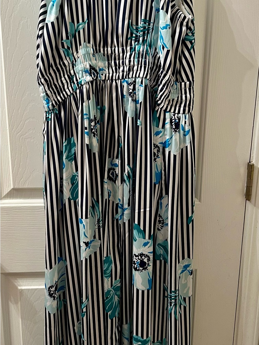 Lane Bryant Black & White Striped Maxi Dress with Blue Floral Print